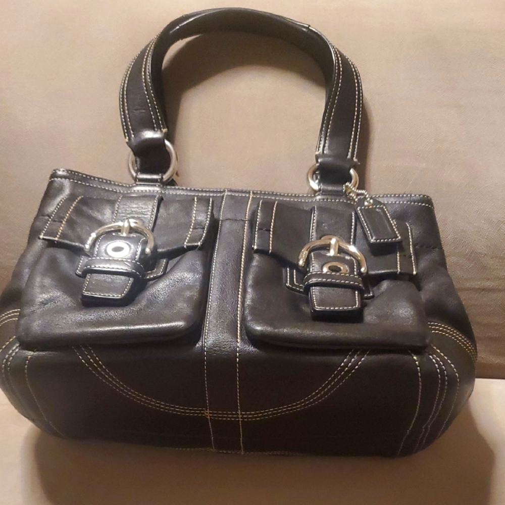 RARE Y2K COACH satcel Black Leather double hand zipper Handbag Like NEW